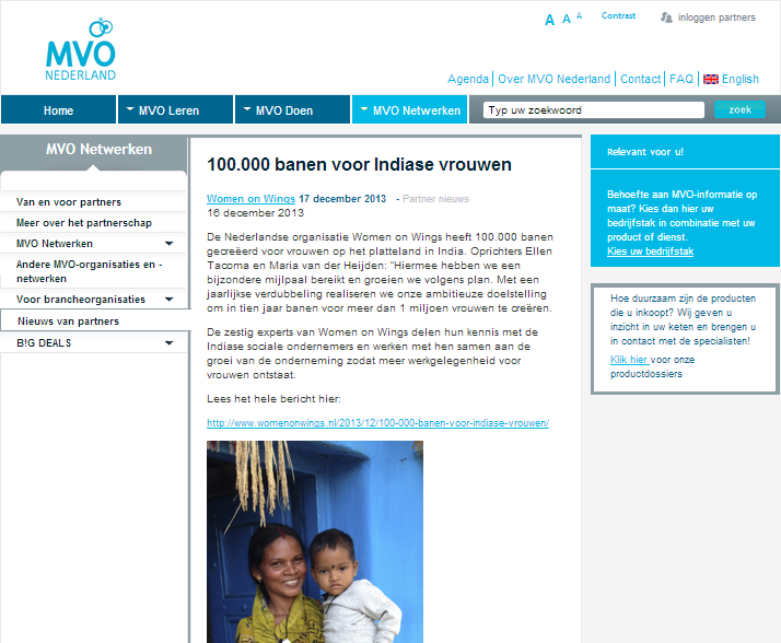 MVO Nederland website: 100.000 banen voor Indiase vrouwen
