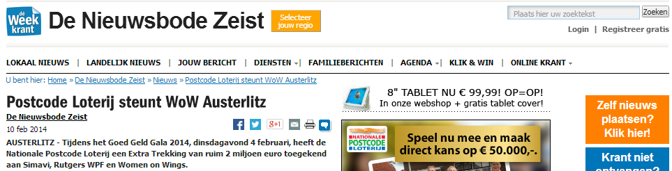 Nieuwsbode Zeist: Postcode Loterij steunt WoW Austerlitz