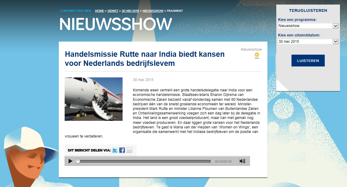 Radio interview about participation in Trade Mission to India headed by Rutte
