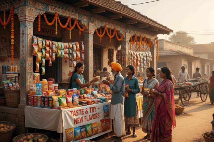 Example of an Indian rural mart offering free tastings to bring in more customers