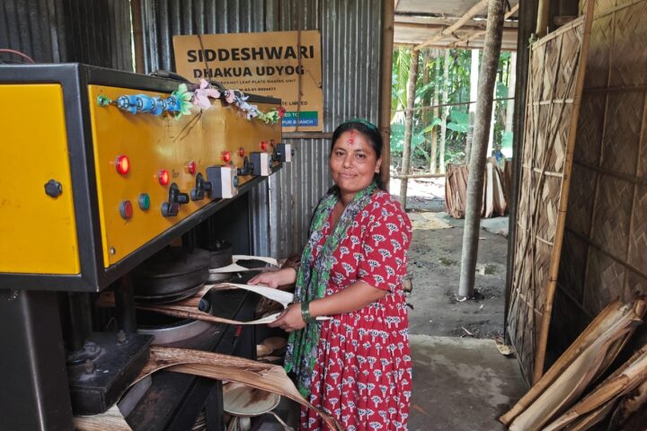 Khinamaya Sharma at her plate-making machine
